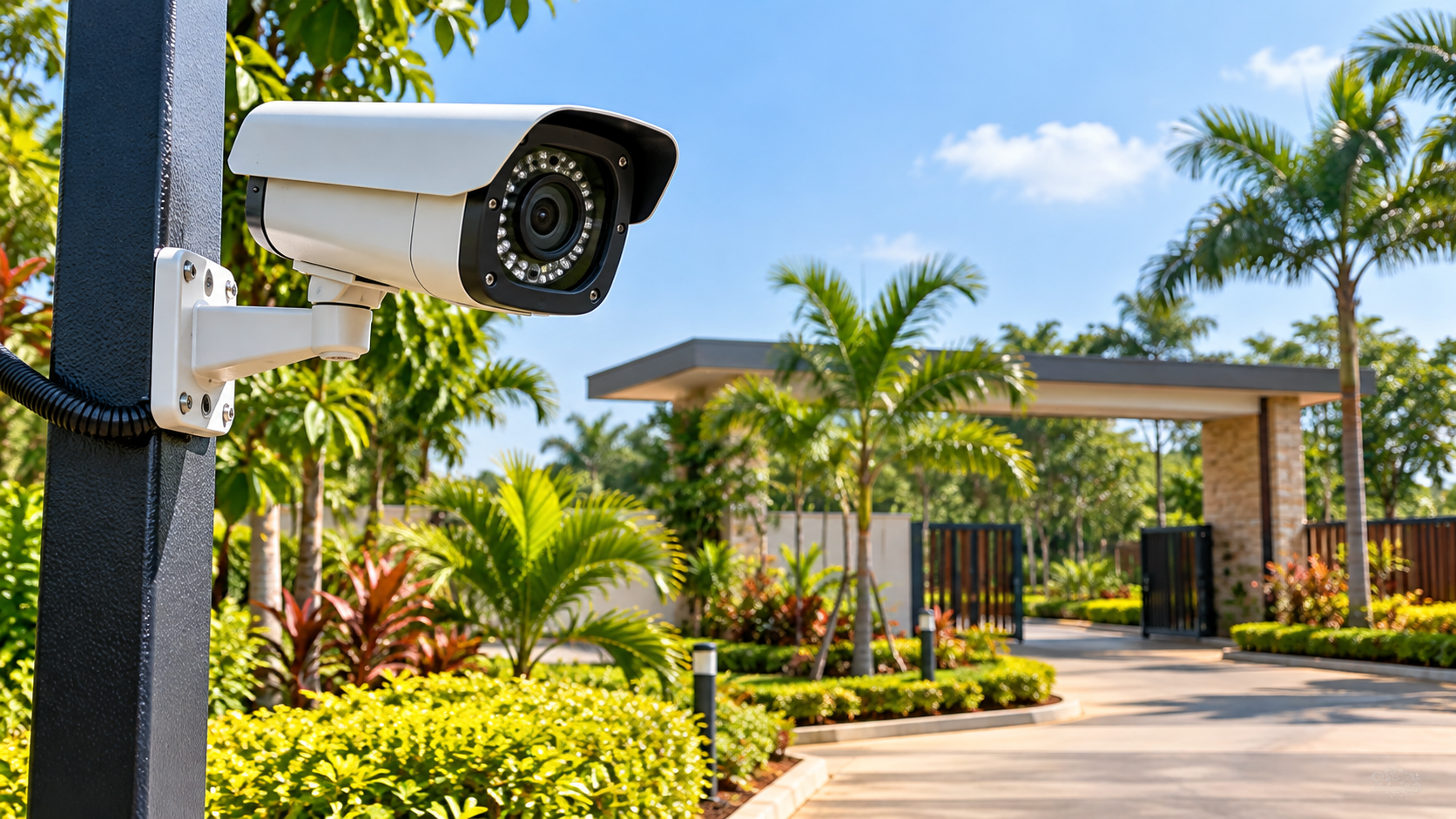 CCTV security camera overlooking a tropical gatehouse